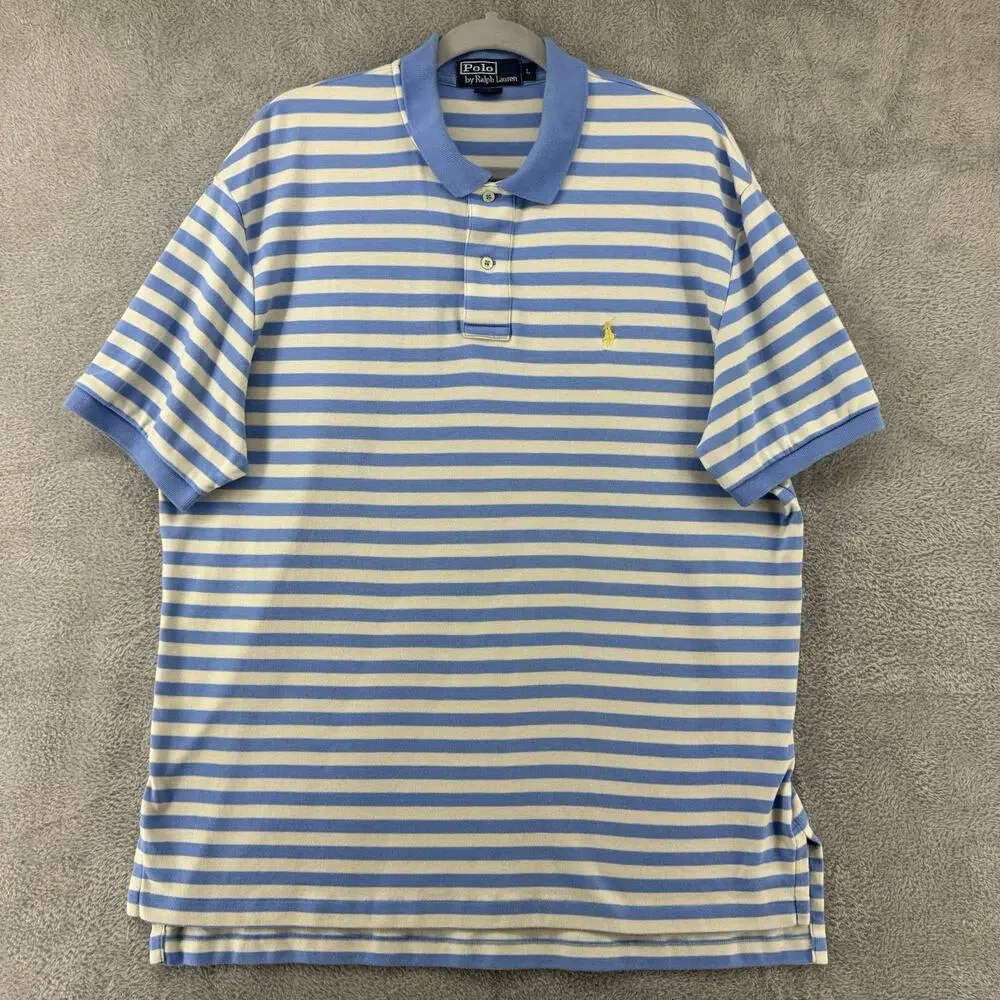 Polo Ralph Lauren Shirt Mens L Blue Striped Polo 1/4 Button Preppy Short Sleeve